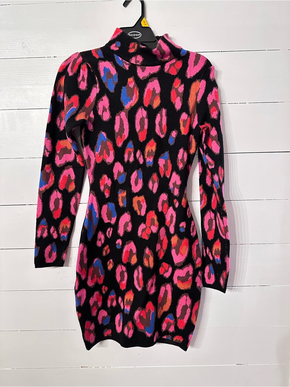FARM Rio Black Knit Turtleneck Dress with Pink, Red & Blue Leopard Print